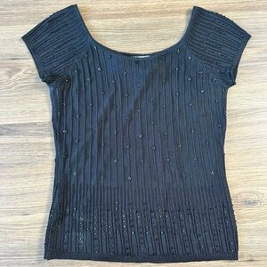 Vintage Beaded Knit Shirt Black Small‎ Y2K Minimalist Evening Top Soft Goth Glam